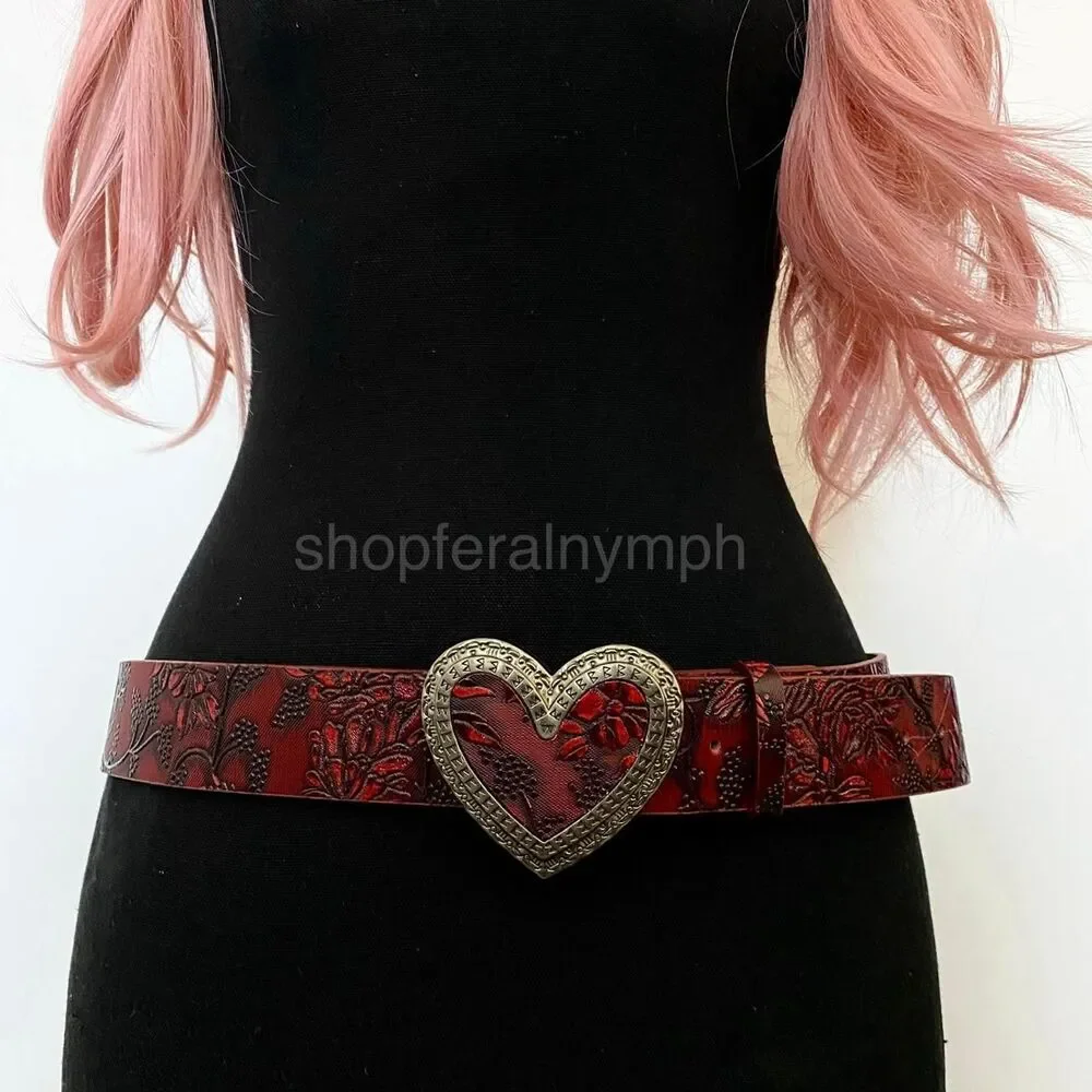 Red Floral Embossed Heart Buckle Western Y2K Belt, Fits 33-43 Inches, X7GA1288